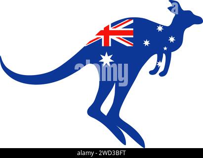 Canguro con bandiera australiana. Silhouette di un canguro saltante con bandiera nazionale australiana. Illustrazione vettoriale per t-shirt o poster Illustrazione Vettoriale