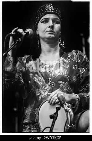 Natasha Atlas of Transglobal underground on the NME Stage al Glastonbury Festival, Pilton, Inghilterra, il 25 giugno 1994. Foto: ROB WATKINS. INFO: Transglobal Underground, una band britannica di World fusion ed elettronica formata nei primi anni '90, ha aperto la strada a un sound globale. Fondendo strumenti tradizionali con ritmi moderni, album come "Dream of 100 Nations" li hanno resi pionieristici nel mondo della musica e dei generi elettronici. Foto Stock