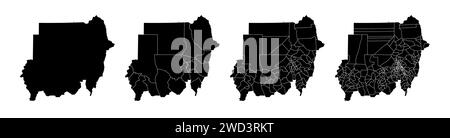 Insieme di mappe di stato del Sudan con la divisione delle regioni e dei comuni. Confini del reparto, mappe vettoriali isolate su sfondo bianco. Illustrazione Vettoriale