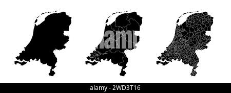 Insieme di mappe di stato dei Paesi Bassi con la divisione delle regioni e dei comuni. Confini del reparto, mappe vettoriali isolate su sfondo bianco. Illustrazione Vettoriale