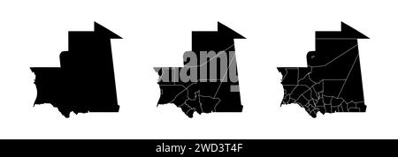 Insieme di mappe di stato della Mauritania con la divisione delle regioni e dei comuni. Confini del reparto, mappe vettoriali isolate su sfondo bianco. Illustrazione Vettoriale