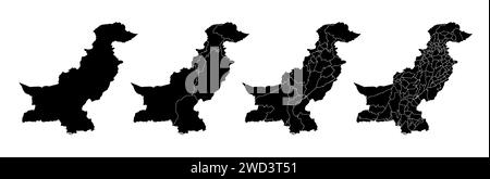 Insieme di mappe di stato del Pakistan con la divisione delle regioni e dei comuni. Confini del reparto, mappe vettoriali isolate su sfondo bianco. Illustrazione Vettoriale