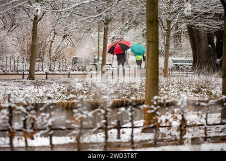 Ein Paar mit bunten Regenschirmen läuft m verschneiten Tiergarten a Berlino am 5. Januar 2024. Schneefall a Berlino *** Una coppia con ombrelloni colorati cammina nel nevoso Tiergarten a Berlino il 5 gennaio 2024 Foto Stock