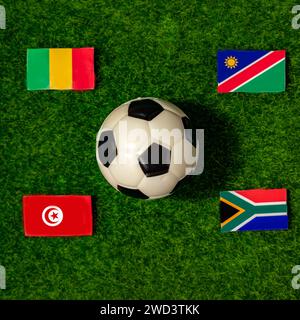 Bandiere delle squadre che partecipano al gruppo e della Coppa d'Africa 2024. Mali, Namibia, Tunisia, Sudafrica. Foto Stock