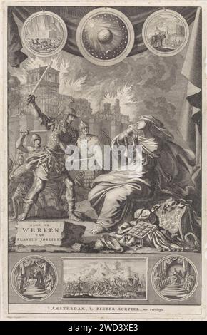 Donna incatenata in abito di lutto attaccata dai guerrieri, Jan Luyken, 1703 stampa Una donna incatenata in abito di lutto, che rappresenta il popolo ebraico, viene attaccata dai guerrieri romani. Sullo sfondo il tempio sale in fiamme. Al di sopra di questa esibizione un Vellum al quale sono appesi tre medaglioni con immagini del diluvio, della terra e del tabernacolo. Sotto lo spettacolo principale ci sono anche tre medaglioni con le immagini di David che suona l'arpa, una battaglia e Salomone nel suo teatro del leone. Il giornale di Amsterdam incide gli ebrei, la vita ebraica. Usanze ebraiche di lutto. prigioniero; in fetters (+ variante). (militare) Foto Stock