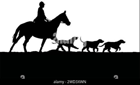 Illustrazione della silhouette in bianco e nero di un cavallo e un cavaliere con cani su sfondo bianco. Foto Stock