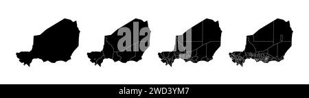 Insieme di mappe di stato del Niger con la divisione delle regioni e dei comuni. Confini del reparto, mappe vettoriali isolate su sfondo bianco. Illustrazione Vettoriale
