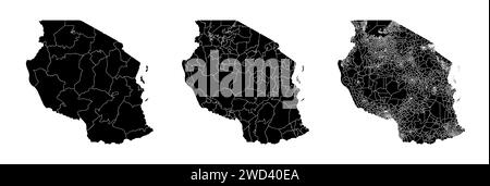 Insieme di mappe di stato della Tanzania con la divisione delle regioni e dei comuni. Confini del reparto, mappe vettoriali isolate su sfondo bianco. Illustrazione Vettoriale