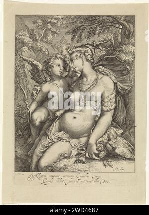 Venere en Amor, anonimo, dopo Jan Saenredam, dopo Hendrick Goltzius, 1631 stampa Venere seduto da un albero in un paesaggio montuoso. Oltre a lei, Amor è apparso con la sua freccia e l'arco e le ha accarezzato il mento. A destra in primo piano due piccioni. Incisione su carta nei Paesi Bassi settentrionali Venere e Cupido (Cupido non è un semplice attributo). montagne. amanti; corteggiamento, flirtare. altri uccelli: colomba (+ animali utilizzati simbolicamente) Foto Stock