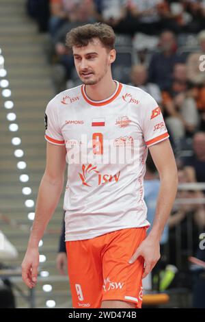 Jatrzebie Zdroj, Polonia. 17 gennaio 2024. Jean Patry di Jastrzebski Wegiel è stato visto in azione durante la partita di pallavolo CEV Champions League Volley 2024 tra Jastrzebski Wegiel e SVG Luneburg a Hall ( jastrzebie-Zdroj). Punteggio finale; Jastrzebski Wegiel 3:0 (25:17, 25:16, 25:19) SVG Luneburg. (Foto di Grzegorz Wajda/SOPA Images/Sipa USA) credito: SIPA USA/Alamy Live News Foto Stock