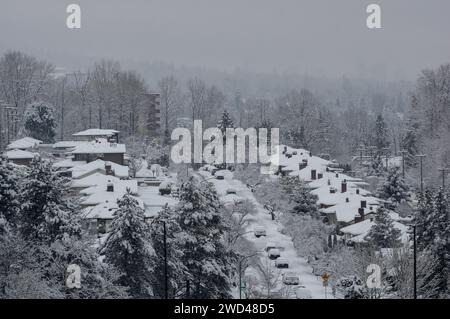 Una tempesta di neve ha gettato una coltre di neve su Brentwood e sul Brentwood Shopping Center. Vista dalla Torre 1 dell'incredibile complesso di Brentwood. Foto Stock