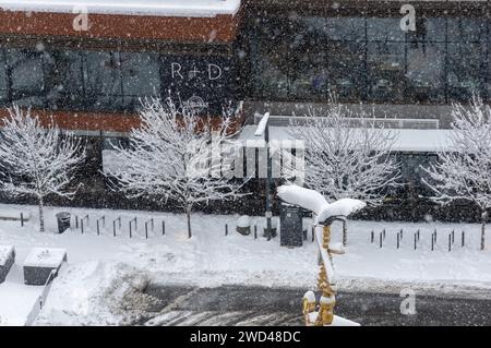 Una tempesta di neve ha gettato una coltre di neve su Brentwood e sul Brentwood Shopping Center. Vista dalla Torre 1 dell'incredibile complesso di Brentwood. Foto Stock