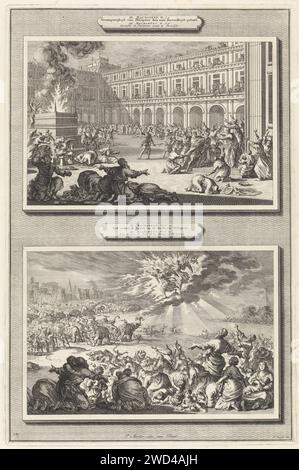 Re Tolomeo Filopatore riceve un ictus come punizione per la sua curiosità e due angeli che scacciano gli elefanti di Tolomeo Filopatore, Jan Luyken, 1700 stampano due spettacoli su un piatto. Sopra: La piazza centrale di Gerusalemme con il tempio di Solomo. Quando il re Tolomeo Filopatore cerca di entrare nel santo dei santi nel tempio, riceve un ictus, da Dio come punizione per la sua curiosità. Il popolo ebraico prega Dio nel panico. Sotto: Due angeli appaiono nel cielo e cacciano via gli elefanti ubriachi di Tolomeo Filopatore, che stavano per calpestare la popolazione ebraica. Gli ebrei inginocchiano un Foto Stock