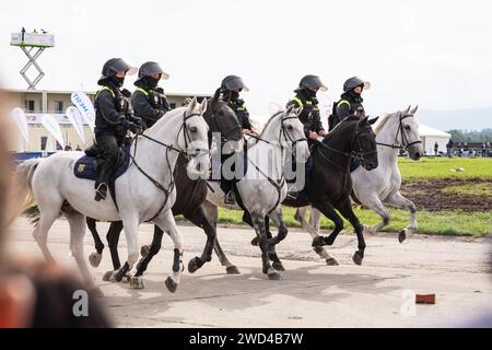 Polizia antisommossa a cavallo. Gli agenti di polizia della Repubblica Ceca cavalcavano i loro manzi contro una folla di manifestanti durante una manifestazione. Foto Stock