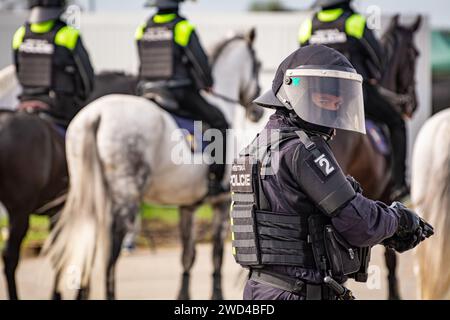 Polizia antisommossa a cavallo. Gli agenti di polizia della Repubblica Ceca cavalcavano i loro manzi contro una folla di manifestanti durante una manifestazione. Foto Stock