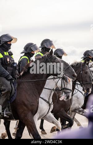 Polizia antisommossa a cavallo. Gli agenti di polizia della Repubblica Ceca cavalcavano i loro manzi contro una folla di manifestanti durante una manifestazione. Foto Stock