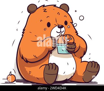 Grazioso castoro da cartoni animati con una tazza di caffè. Illustrazione vettoriale. Illustrazione Vettoriale