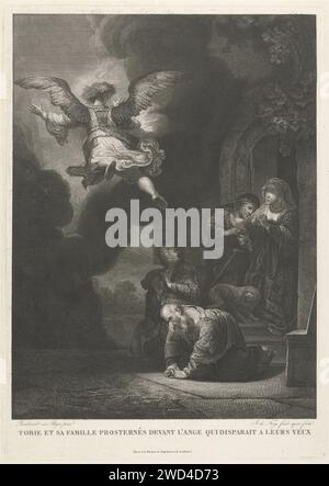 L'Engel lascia Tobias e la sua famiglia, Johannes Pieter de Frey, dopo Rembrandt van Rijn, stampa del 1810 l'angelo Rafaël scompare tra le nuvole e guarda oltre la sua spalla a Tobias e alla sua famiglia che si trovano di fronte alla loro casa con le mani piegate. Il vecchio Tobit si sta inginocchiando per terra. Carta che incide il libro di Tobit Foto Stock