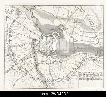 Mappa dell'assedio di Menen, 1706, Anonimo, 1706 Stampa Mappa dell'assedio e della presa di Menen da parte degli Alleati sotto il generale E.W. von Salisch il 22 agosto 1706. Germania carta incisione mappe delle città. Assedio, posizione guerra io andrò Foto Stock