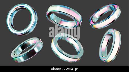 Set decorativo con anelli di cristallo isolato su sfondo nero rendering 3d senza generazione di IA Foto Stock