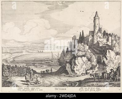 Ottobre, Jan van de Velde (II), 1618 stampa paesaggio con un castello su una montagna su un lago con contadini rimasti con botti vicino a viti; Una vista di Palermo sulla Sicilia; che rappresenta il mese di ottobre. In cima alla costellazione appartenente a questo mese: Scorpio. Decima stampa da una serie di dodici. Ottobre della cartiera dei Paesi Bassi settentrionali e le sue "fatiche”. Paesaggio che simboleggia ottobre. Scorpio (segno zodiacale di ottobre). castle. viticoltura, viticoltura; annata. vigneto. Trasporto di uva Palermo Foto Stock