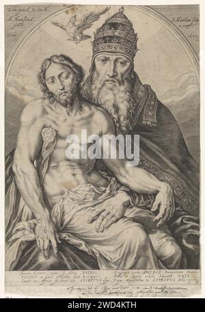 Santa Trinità, Jacob Matham, dopo Maarten van Heemskerck, 1602 stampa Dio padre con una tiara sulla testa, con Cristo in braccio con le stigmate. Sopra di loro lo Spirito Santo sotto forma di piccione. Carta di Haarlem incisione Trinità in cui Dio padre e Cristo sono rappresentati come persone, lo Spirito Santo come colomba Foto Stock