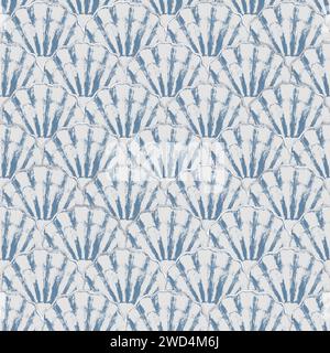 Acquerello conchiglia marina onde giapponesi blu bianco senza cuciture motivo. Conchiglie disegnate a mano, sfondo oceanico con linea argentata. Acquerello illustrati marini Foto Stock