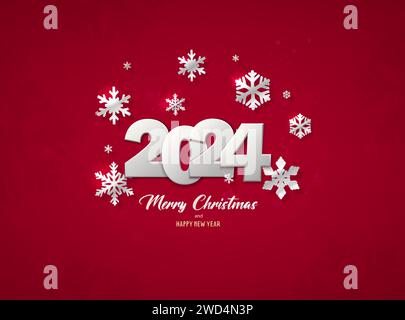 Buon anno 2024. Buon Natale. Modello per biglietto d'auguri, banner. 2023 in bianco su sfondo rosso con fiocchi di neve Illustrazione Vettoriale