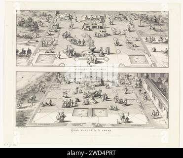 Pagode cinesi di templi, Bernard Picart (laboratorio di), 1728 fogli stampati con due esibizioni del layout e della mappa delle pagode cinesi. Sopra: Una pagoda cinese con una colonna di sacrificio e nel retro delle immagini degli dei. Sotto: Una grande pagoda cinese. Tempio, santuario e incisione di carta di Amsterdam  religioni tradizionali cinesi. tempio, santuario  religioni non cristiane Foto Stock