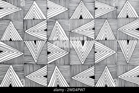 Disegno geometrico fatto a mano di triangoli grafici e quadrati con sfondo in inchiostro nero su carta bianca Foto Stock