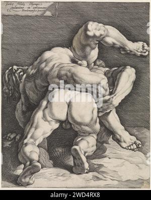 Due lottatori, Jan Harmensz. Muller, dopo Cornelis Cornelisz. Van Haarlem, 1588 - 1592 stampa Amsterdam carta incisione wrestling (sport) Foto Stock