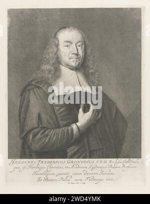 Portret van Johannes Frederick Gronovius, Christiaan Hagen, c. 1635 - 1695 stampa Ritratto a destra dello scrittore Johannes Fredericus Gronovius, con un testo in quattro righe in latino sotto il suo ritratto. Baffi di carta per incidere Amsterdam Foto Stock