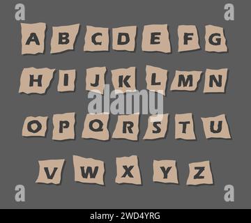 Alfabeto dei giornali collage. Lettere criminali tagliate da giornali e riviste. Carattere anonimo o detective. Illustrazione vettoriale in stile retrò Illustrazione Vettoriale