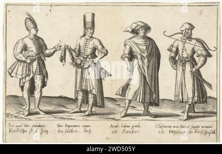 Abbigliamento da ottomani e arabi intorno al 1580, Abraham de Bruyn, 1581 Stampa da un libro sull'abbigliamento del XVI secolo intorno al 1580. Quattro uomini dell'Impero Ottomano. Tutti e quattro sono vestiti in modo diverso. Da sinistra a destra: Uno stelo ottomano, un cuoco ottomano con gli ingredienti nelle sue mani, un arabo e un arciere della flotta ottomana. La stampa ha una didascalia latina. Abiti per incisione in carta Anversa, costume (+ abiti da uomo). Razze e popoli asiatici: Turchi. Razze e popoli asiatici (con NOME). guerra; affari militari (+ fanteria). stallo, stabile (+ uomini (operai)). cucinare Foto Stock