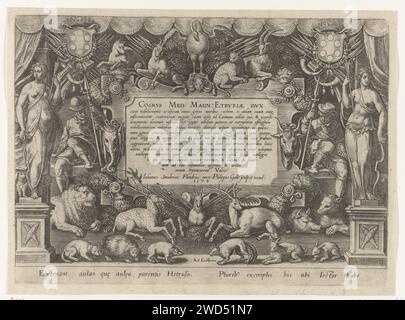 TitelPrent van fuori dalla serie in cui tutti i tipi di caccia, aucupij, pesca, pescatore, Fables, dopo Jan van der Straet, 1578 stampa pagina del titolo della serie di 43 stampe con scene di caccia. Il cartiglio con il titolo latino è circondato da un ampio margine di animali e da un cacciatore seduto a sinistra e a destra. Sui piedistalli a sinistra e a destra una figura femminile in piedi in abito antico con arco e arco. In alto a sinistra e a destra l'arma della famiglia Medici. Tipografia: Antwerpafter disegno di: Florencepublisher: AntwerpFlorenceFlorence incisione su carta caccia, inseguimento. animali. frontespizio. hunt Foto Stock