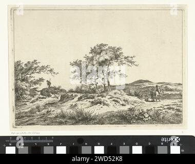 Paesaggio con ciclista e pedonale, Hermanus Fock, 1781 - 1822 stampa Un paesaggio collinare con una festa sugli alberi nel mezzo. Sul sentiero c'e' un uomo con un braccio enorme accanto ad un uomo a cavallo. Dall'altra parte dell'albero fate festa un camminatore con un bastone in mano. Carta di Amsterdam con incisione "in viaggio", viaggiatori in viaggio. bassa collina (+ paesaggio con cifre, personale) Foto Stock