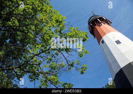 Il faro stilo è visibile nella foresta vicino al villaggio di Osetnik, nella regione della Pomerania. Il faro fu costruito all'inizio del XX secolo ed è caratterizzato da una tecnica costruttiva molto moderna per quel tempo - elementi in acciaio erano collegati con viti, perfettamente visibili all'interno dell'edificio. Il faro stilo è dipinto con tre caratteristiche strisce: Nero sul fondo, bianco al centro e rosso in alto. Foto Stock