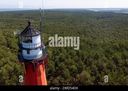 Osetnik, Polonia. 29 giugno 2023. (NOTA REDAZIONE: Immagine scattata con il drone)il faro stilo è visibile nella foresta vicino al villaggio di Osetnik nella regione della Pomerania. Il faro fu costruito all'inizio del XX secolo ed è caratterizzato da una tecnica costruttiva molto moderna per quel tempo - elementi in acciaio erano collegati con viti, perfettamente visibili all'interno dell'edificio. Il faro stilo è dipinto con tre caratteristiche strisce: Nero sul fondo, bianco al centro e rosso in alto. (Foto di Mateusz Slodkowski/SOPA Images/Sipa USA) credito: SIPA USA/Alamy Live News Foto Stock