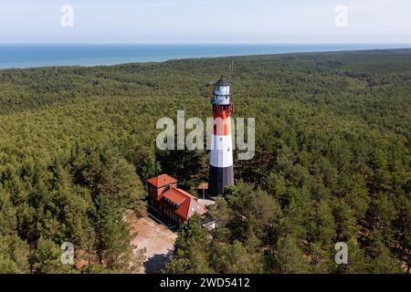 Osetnik, Polonia. 29 giugno 2023. (NOTA REDAZIONE: Immagine scattata con il drone)il faro stilo è visibile nella foresta vicino al villaggio di Osetnik nella regione della Pomerania. Il faro fu costruito all'inizio del XX secolo ed è caratterizzato da una tecnica costruttiva molto moderna per quel tempo - elementi in acciaio erano collegati con viti, perfettamente visibili all'interno dell'edificio. Il faro stilo è dipinto con tre caratteristiche strisce: Nero sul fondo, bianco al centro e rosso in alto. (Foto di Mateusz Slodkowski/SOPA Images/Sipa USA) credito: SIPA USA/Alamy Live News Foto Stock