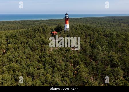 Osetnik, Polonia. 29 giugno 2023. (NOTA REDAZIONE: Immagine scattata con il drone)il faro stilo è visibile nella foresta vicino al villaggio di Osetnik nella regione della Pomerania. Il faro fu costruito all'inizio del XX secolo ed è caratterizzato da una tecnica costruttiva molto moderna per quel tempo - elementi in acciaio erano collegati con viti, perfettamente visibili all'interno dell'edificio. Il faro stilo è dipinto con tre caratteristiche strisce: Nero sul fondo, bianco al centro e rosso in alto. (Foto di Mateusz Slodkowski/SOPA Images/Sipa USA) credito: SIPA USA/Alamy Live News Foto Stock