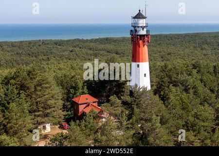 29 giugno 2023, Osetnik, Voivodato della Pomerania, Polonia: (NOTA REDAZIONE: Immagine scattata con drone).il faro stilo è visibile nella foresta vicino al villaggio di Osetnik nella regione della Pomerania. Il faro fu costruito all'inizio del XX secolo ed è caratterizzato da una tecnica costruttiva molto moderna per quel tempo - elementi in acciaio erano collegati con viti, perfettamente visibili all'interno dell'edificio. Il faro stilo è dipinto con tre caratteristiche strisce: Nero sul fondo, bianco al centro e rosso in alto. (Immagine di credito: © Mateusz Slodkowski/SOPA Images via ZUMA Press Wire) ed Foto Stock