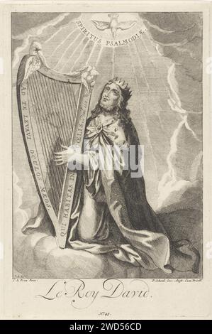 King David nel ruolo del cantante dei salmi, Leonard Schenk, dopo Charles le Brun, 1710 - 1767 stampa King David si inginocchia su una nuvola. Suona un'arpa, decorata con due cherubini (?) E un messaggio da PS. 122. Un piccione cade dal cielo sopra di lui. Tra questi un testo latino che indica che è una variante dello Spirito Santo, vale a dire il Salmo. Tipografia: Amsterdamafter dipinto di: Parispublisher: Amsterdam paper etching David come salmista, come autore dei salmi, di solito suona l'arpa Foto Stock