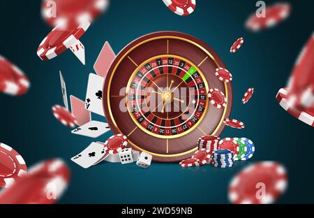 Ruota della roulette con carte volanti, chip da poker e dadi. Banner Poker. Casinò . Illustrazione Vettoriale