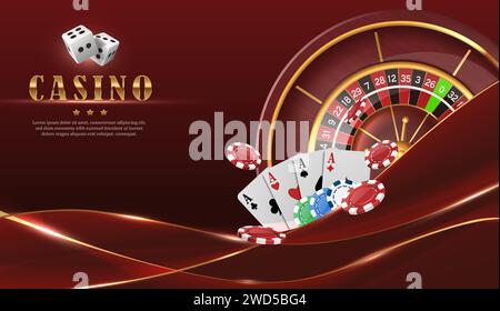 sfondo di lusso rosso casinò con roulette, carte volanti e chip da poker. Illustrazione Vettoriale