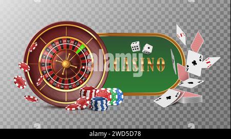 Ruota della roulette del casinò con carte volanti, chip da poker e dadi. Isolato al buio. Illustrazione Vettoriale