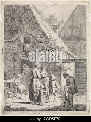Contadini e bambini a Farm, Johannes Christiaan Janson, 1778 - 1823 stampa Farm con un uomo appoggiato su una porta inferiore. Una donna è di fronte alla porta e dà i polli da mangiare. Sul sentiero di fronte alla fattoria una donna con quattro figli, di cui uno tra le braccia. A destra in primo piano un uomo con un bambino sulla Leiband. La presentazione è stata modificata ancora di più rispetto agli stati precedenti. Acquaforte su carta madre e bambino (Ren), donna e bambino (Ren) (gruppo familiare) (con NUMERO di bambini). padre e figlio (ren), uomo e bambino (ren) (gruppo familiare). imparare a camminare, i primi passi Foto Stock
