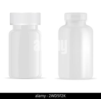 Modello di flacone per pillole mediche, realistico bianco vettoriale lucido. Vaso per integratori isolato con coperchio, modello contenitore di vitamine in plastica per rimedio farmaceutico pr Illustrazione Vettoriale