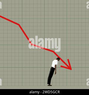Un uomo appesa la testa e si appoggia a un grafico del mercato azionario in calo in questa 3D illustrazione sulla perdita di denaro in borsa e sulla caduta dell'economia Foto Stock