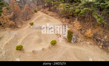 Vista aerea a bassa quota di piccoli tumuli funerari orientali in un cimitero boschivo in Corea del Sud, Corea del Sud e Corea del Sud Foto Stock