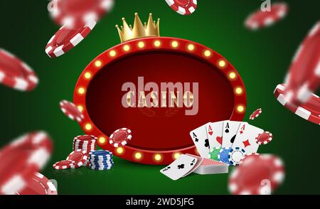 Sfondo casinò 3d con chip poker, carte e corona dorata. Illustrazione Vettoriale